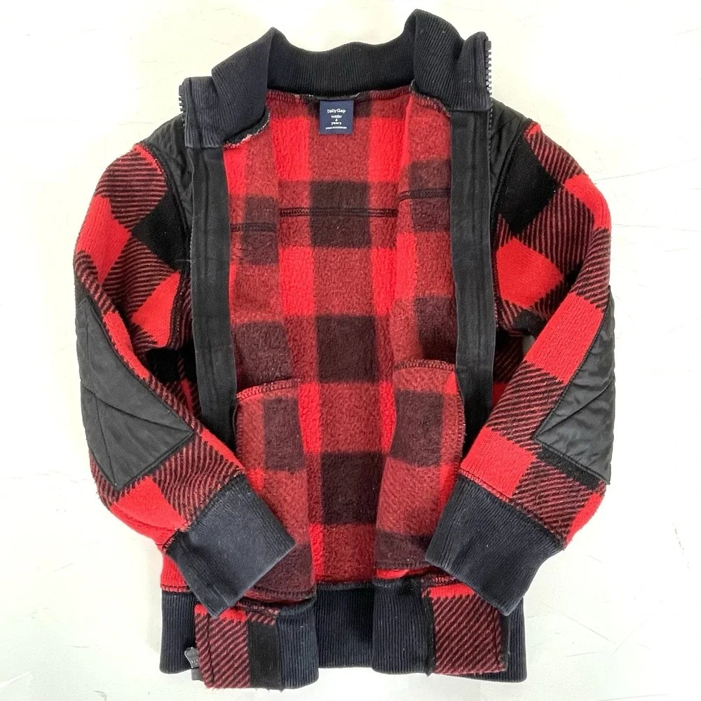 Baby‎ Gap Toddler 4Y Red Black Buffalo Plaid Full Zip Sweater Jacket Quilted